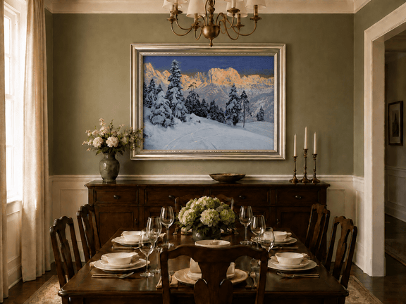 Framed hand-painted winter mountain oil painting with snow-covered pine trees and footprints displayed above a formal dining table.