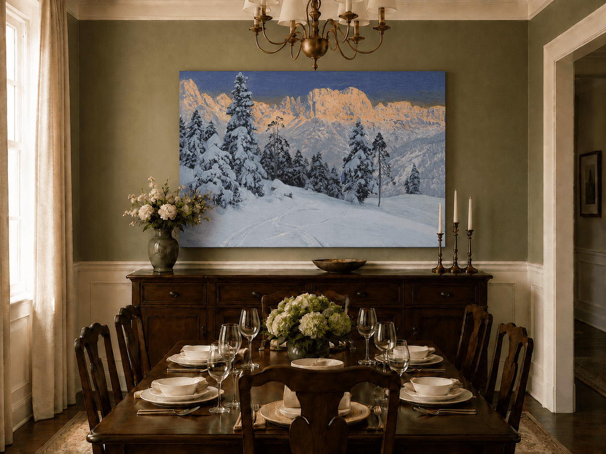 Unframed hand-painted winter mountain oil painting with snow-covered pine trees and footprints displayed above a formal dining table.