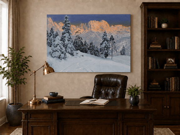 Unframed hand-painted winter mountain oil painting with snow-covered pine trees and footprints displayed above a traditional home office desk.