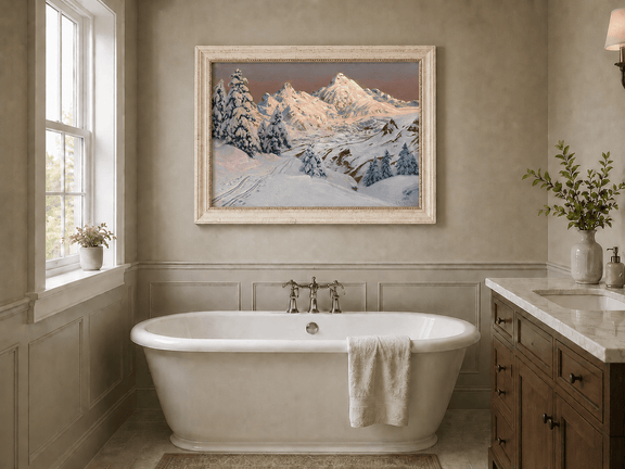 Framed hand-painted snowy mountain oil painting with pine trees and tracks through the snow displayed above a freestanding bathtub.