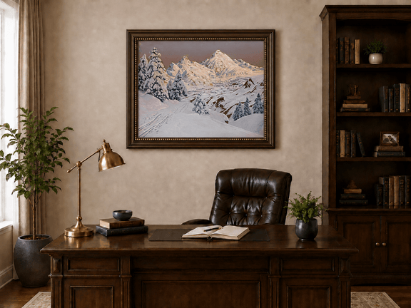 Framed hand-painted snowy mountain oil painting with pine trees and tracks through the snow displayed above a traditional home office desk.