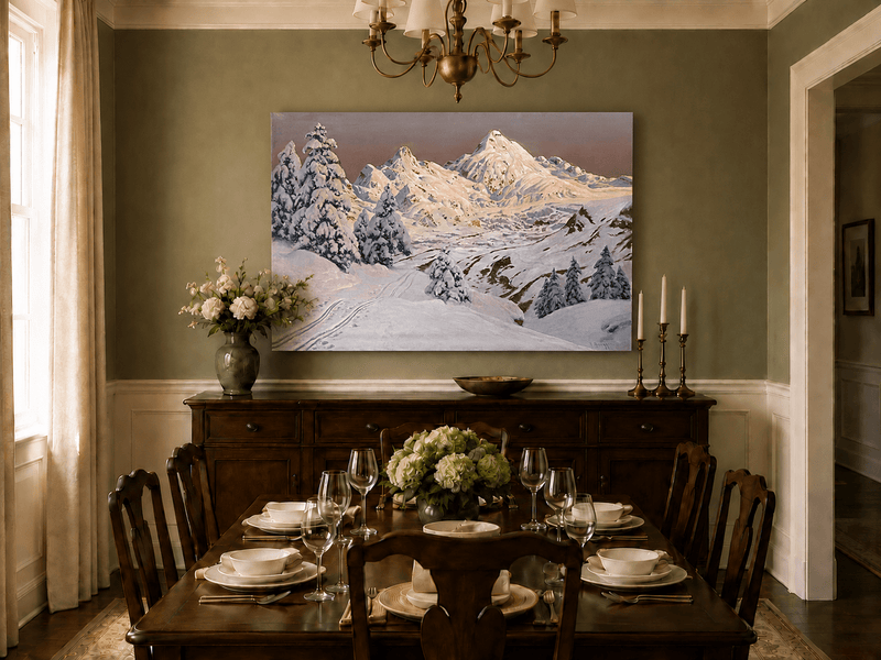 Unframed hand-painted snowy mountain oil painting with pine trees and tracks through the snow displayed above a formal dining table.