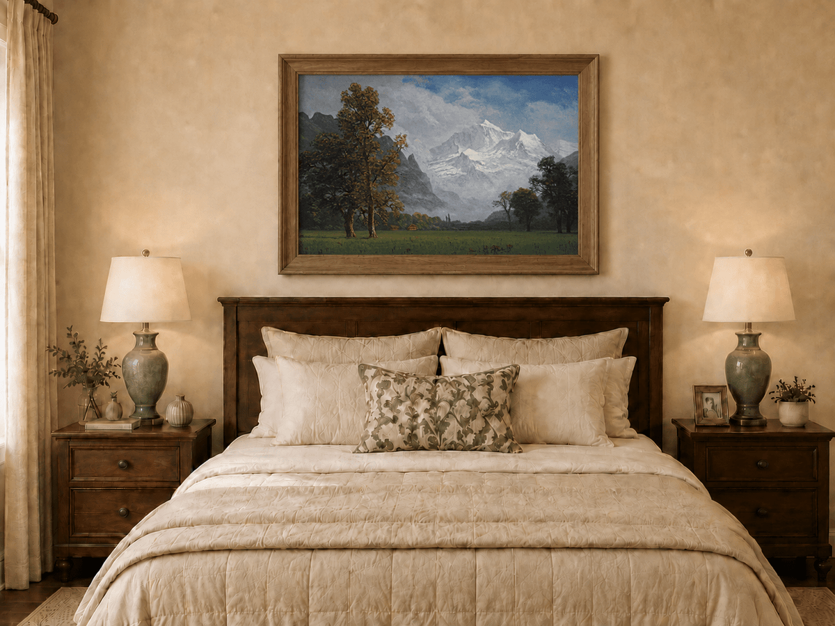 Framed hand-painted snowy mountain valley oil painting with a meadow and tall trees displayed above a wooden bed in a neutral bedroom.
