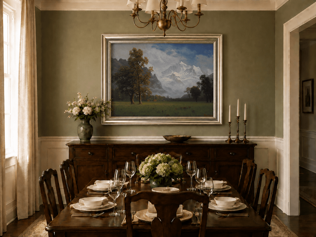 Framed hand-painted snowy mountain valley oil painting with a meadow and tall trees displayed above a formal dining table.