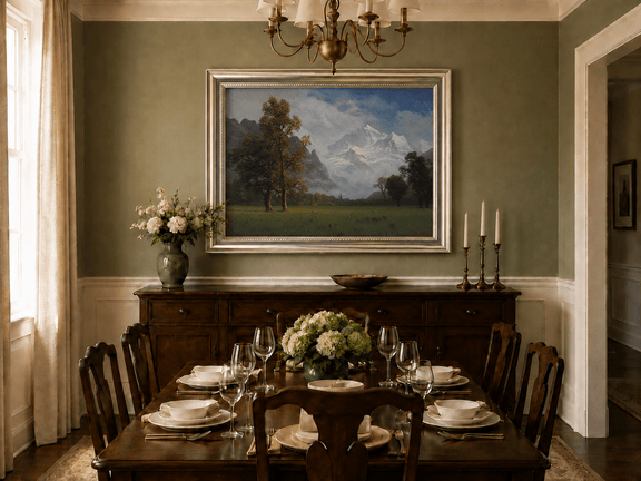 Framed hand-painted snowy mountain valley oil painting with a meadow and tall trees displayed above a formal dining table.