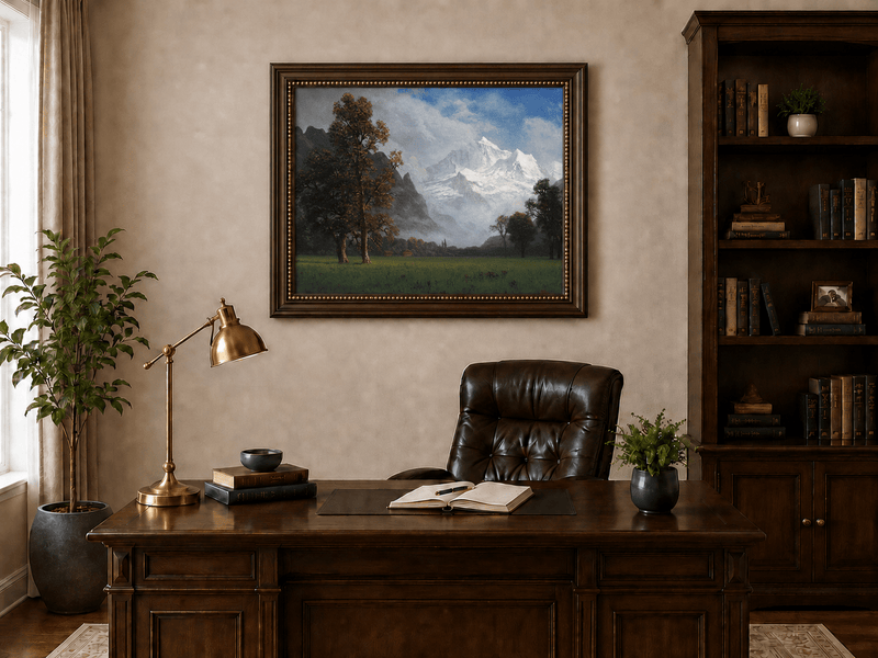 Framed hand-painted snowy mountain valley oil painting with a meadow and tall trees displayed above a traditional home office desk.