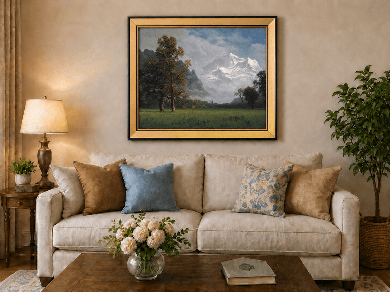 Framed hand-painted snowy mountain valley oil painting with a meadow and tall trees displayed above a neutral living room sofa.