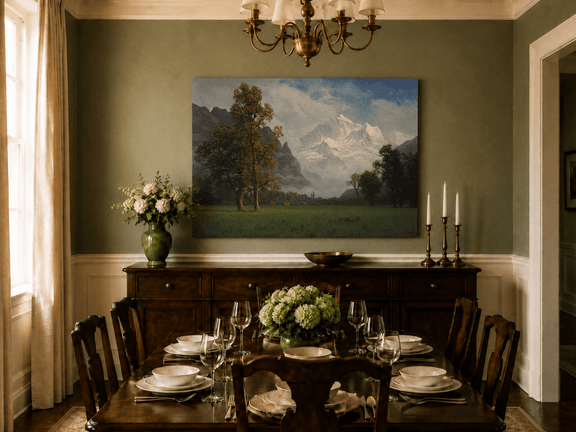 Unframed hand-painted snowy mountain valley oil painting with a meadow and tall trees displayed above a formal dining table.