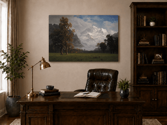Unframed hand-painted snowy mountain valley oil painting with a meadow and tall trees displayed above a traditional home office desk.