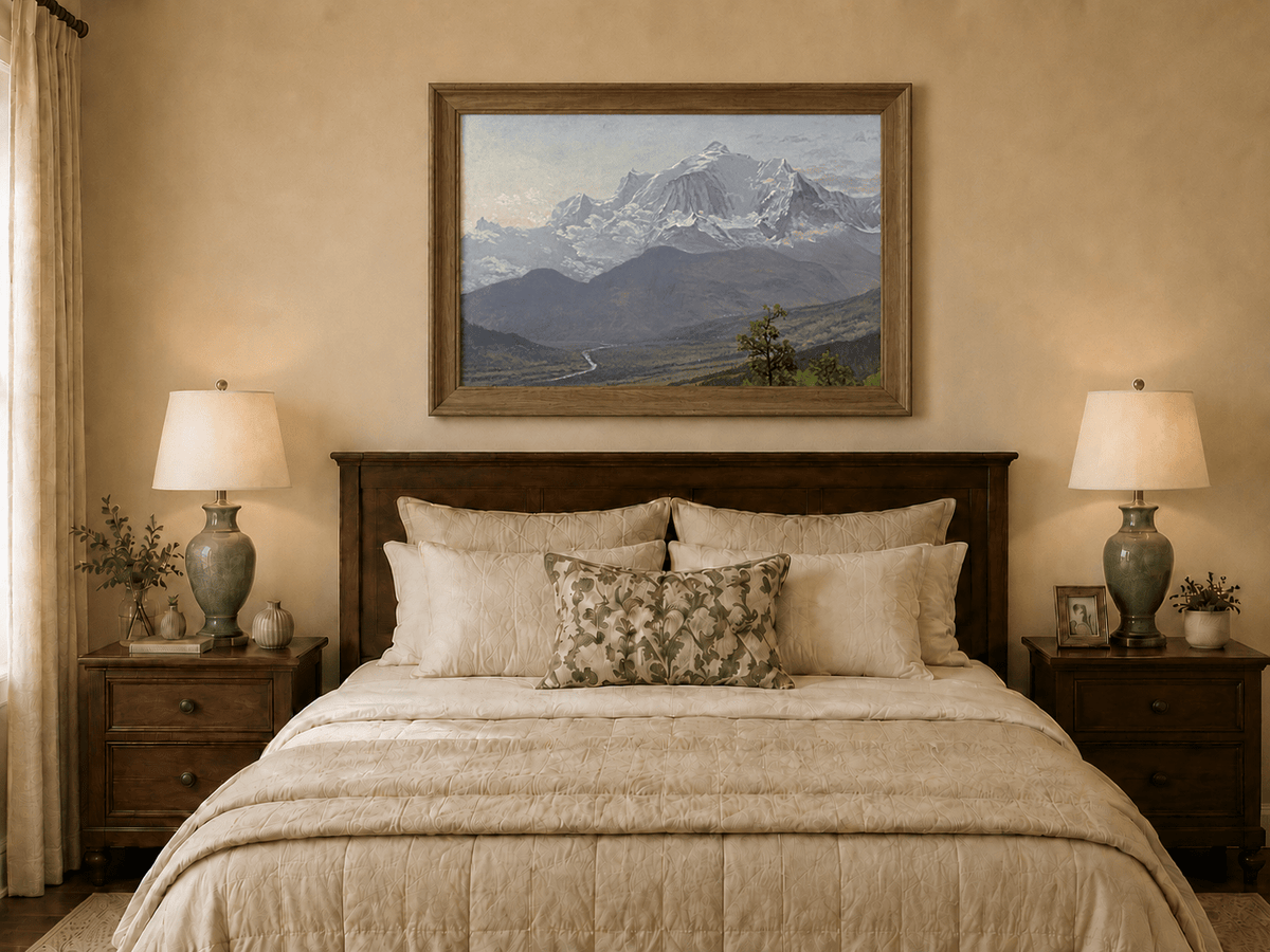 Framed hand-painted snowy mountain valley oil painting with a winding river and rolling hills displayed above a wooden bed in a neutral bedroom.