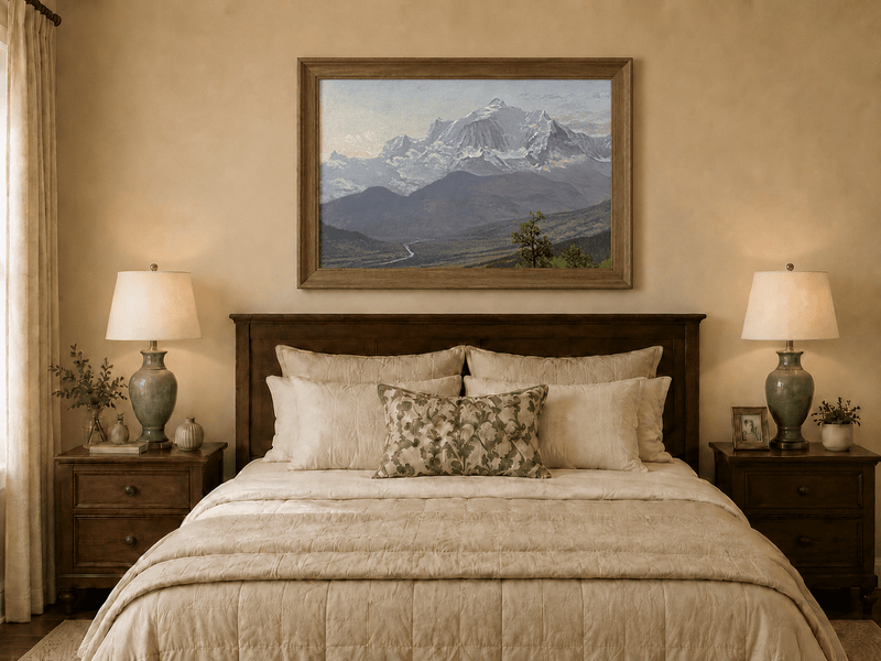 Framed hand-painted snowy mountain valley oil painting with a winding river and rolling hills displayed above a wooden bed in a neutral bedroom.