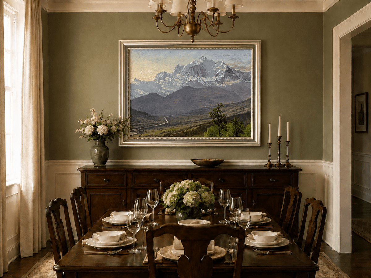 Framed hand-painted snowy mountain valley oil painting with a winding river and rolling hills displayed above a formal dining table.