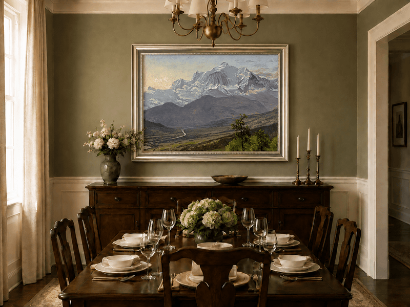 Framed hand-painted snowy mountain valley oil painting with a winding river and rolling hills displayed above a formal dining table.