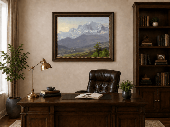 Framed hand-painted snowy mountain valley oil painting with a winding river and rolling hills displayed above a traditional home office desk.