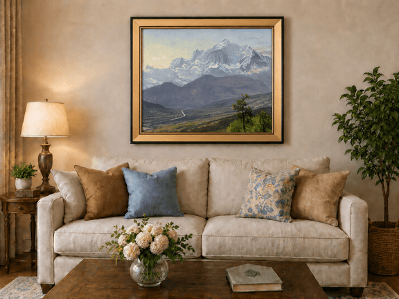 Framed hand-painted snowy mountain valley oil painting with a winding river and rolling hills displayed above a neutral living room sofa.