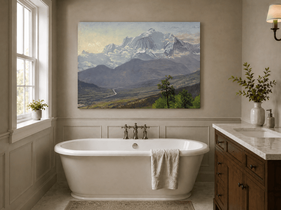 Unframed hand-painted snowy mountain valley oil painting with a winding river and rolling hills displayed above a freestanding bathtub.