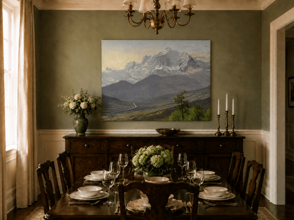Unframed hand-painted snowy mountain valley oil painting with a winding river and rolling hills displayed above a formal dining table.