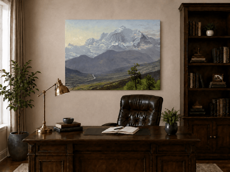 Unframed hand-painted snowy mountain valley oil painting with a winding river and rolling hills displayed above a traditional home office desk.