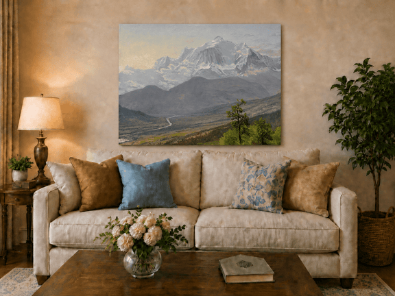 Unframed hand-painted snowy mountain valley oil painting with a winding river and rolling hills displayed above a neutral living room sofa.