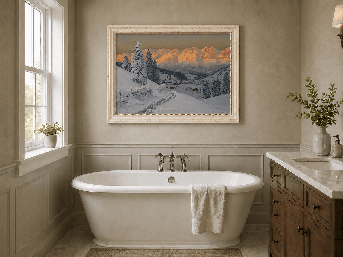 Framed hand-painted winter oil painting of a snowy mountain village at sunset displayed above a freestanding bathtub.
