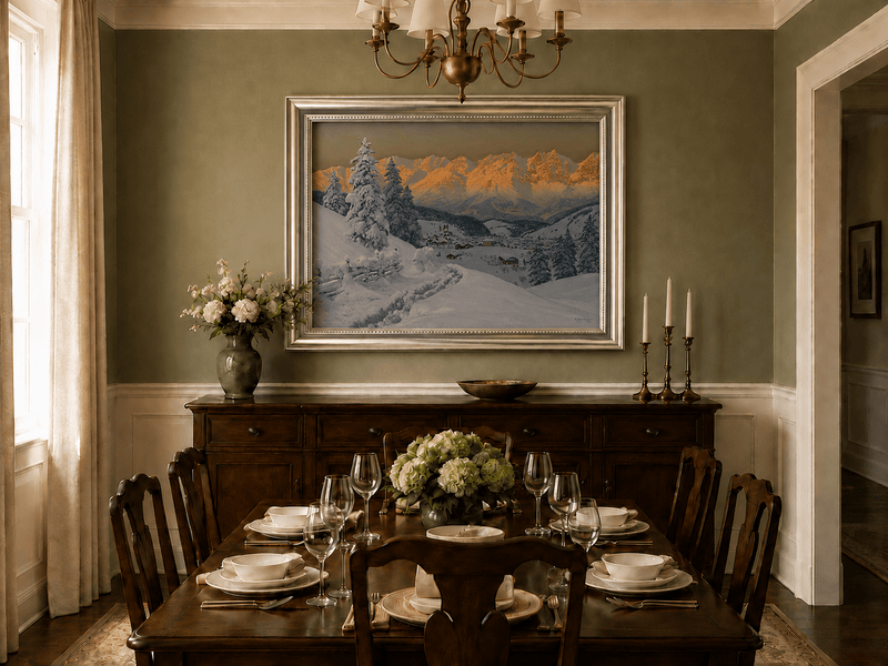 Framed hand-painted winter oil painting of a snowy mountain village at sunset displayed above a formal dining table.
