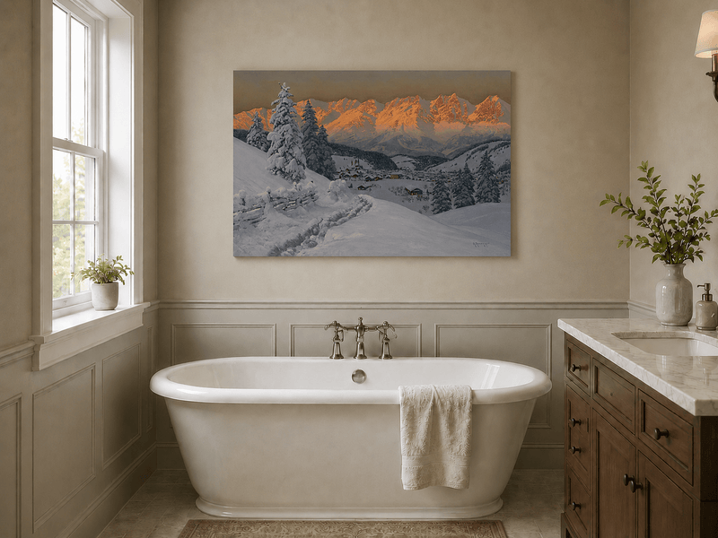 Unframed hand-painted winter oil painting of a snowy mountain village at sunset displayed above a freestanding bathtub.