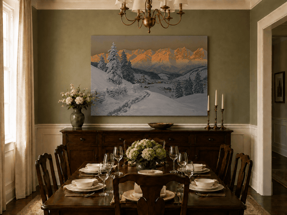 Unframed hand-painted winter oil painting of a snowy mountain village at sunset displayed above a formal dining table.
