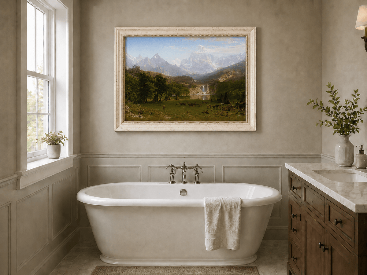 Framed hand-painted mountain landscape oil painting with snowy peaks, a lake and teepee camp displayed above a freestanding bathtub.