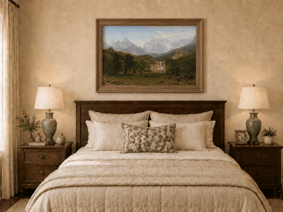Framed hand-painted mountain landscape oil painting with snowy peaks, a lake and teepee camp displayed above a wooden bed in a neutral bedroom.