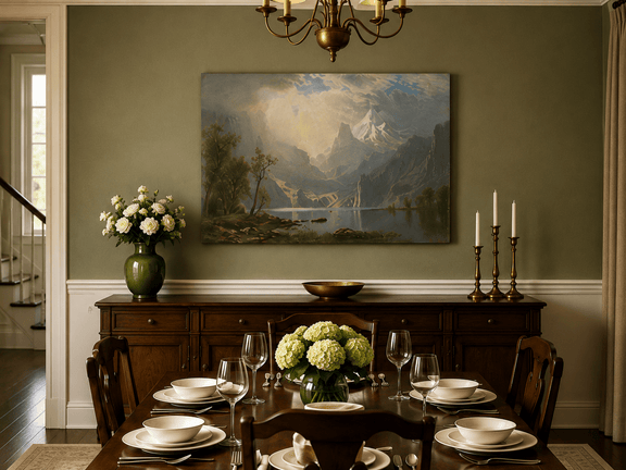 Framed hand-painted mountain landscape oil painting with snowy peaks, a lake and teepee camp displayed above a formal dining table.
