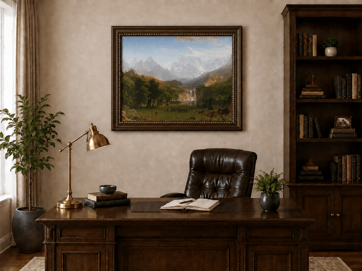 Framed hand-painted mountain landscape oil painting with snowy peaks, a lake and teepee camp displayed above a traditional home office desk.