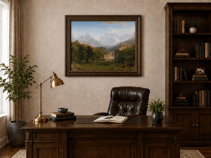 Framed hand-painted mountain landscape oil painting with snowy peaks, a lake and teepee camp displayed above a traditional home office desk.