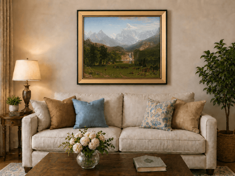 Framed hand-painted mountain landscape oil painting with snowy peaks, a lake and teepee camp displayed above a neutral living room sofa.