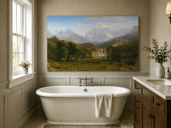 Unframed hand-painted mountain landscape oil painting with snowy peaks, a lake and teepee camp displayed above a freestanding bathtub.