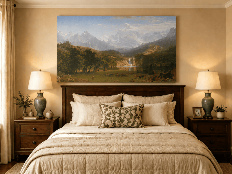 Unframed hand-painted mountain landscape oil painting with snowy peaks, a lake and teepee camp displayed above a wooden bed in a neutral bedroom.
