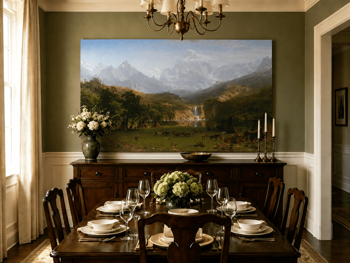Unframed hand-painted mountain landscape oil painting with snowy peaks, a lake and teepee camp displayed above a formal dining table.