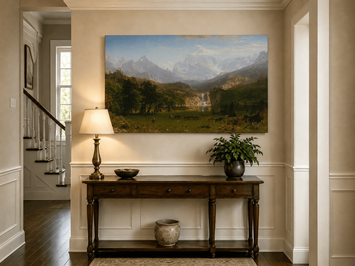 Unframed hand-painted mountain landscape oil painting with snowy peaks, a lake and teepee camp displayed above an entryway console table.