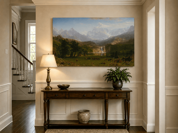 Unframed hand-painted mountain landscape oil painting with snowy peaks, a lake and teepee camp displayed above an entryway console table.