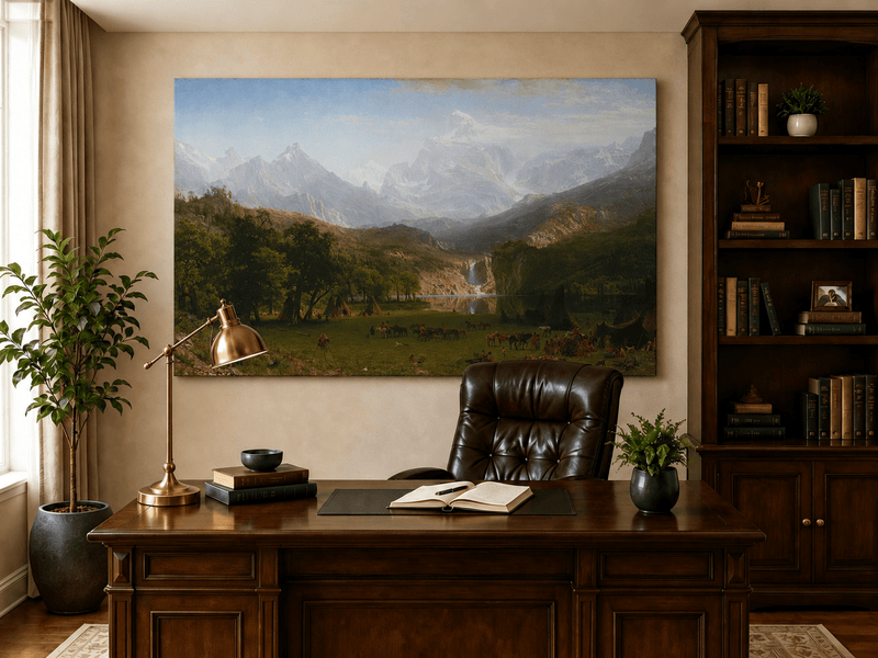 Unframed hand-painted mountain landscape oil painting with snowy peaks, a lake and teepee camp displayed above a traditional home office desk.