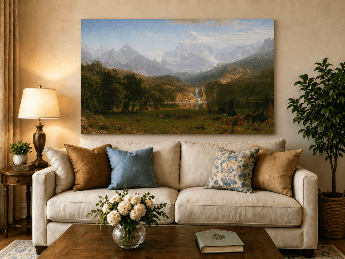 Unframed hand-painted mountain landscape oil painting with snowy peaks, a lake and teepee camp displayed above a neutral living room sofa.
