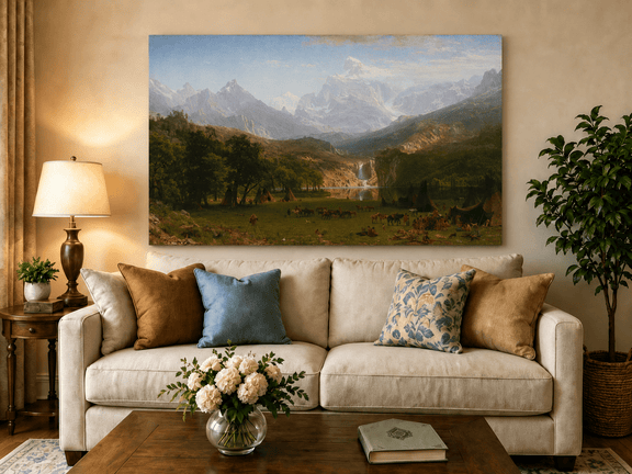 Unframed hand-painted mountain landscape oil painting with snowy peaks, a lake and teepee camp displayed above a neutral living room sofa.