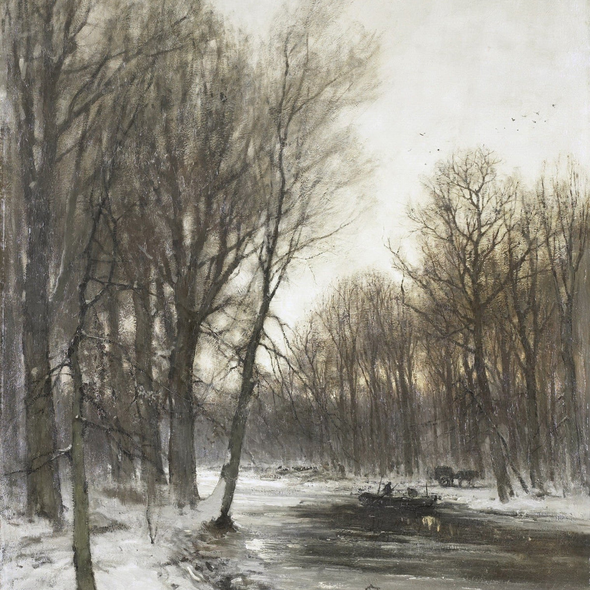 Hand-painted snowy river with bare winter trees landscape oil painting on canvas