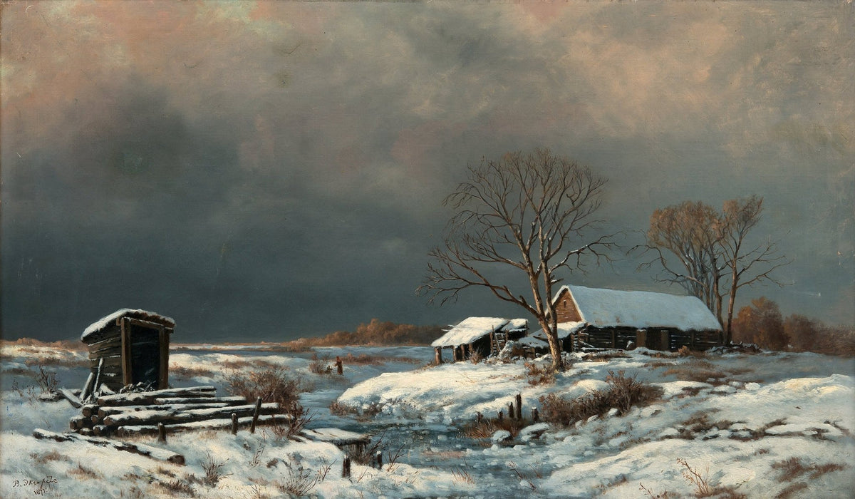 Snowy Rural Cabins, Winter Sky – Hand - Painted Landscape Oil Painting - Oil Painting Haven