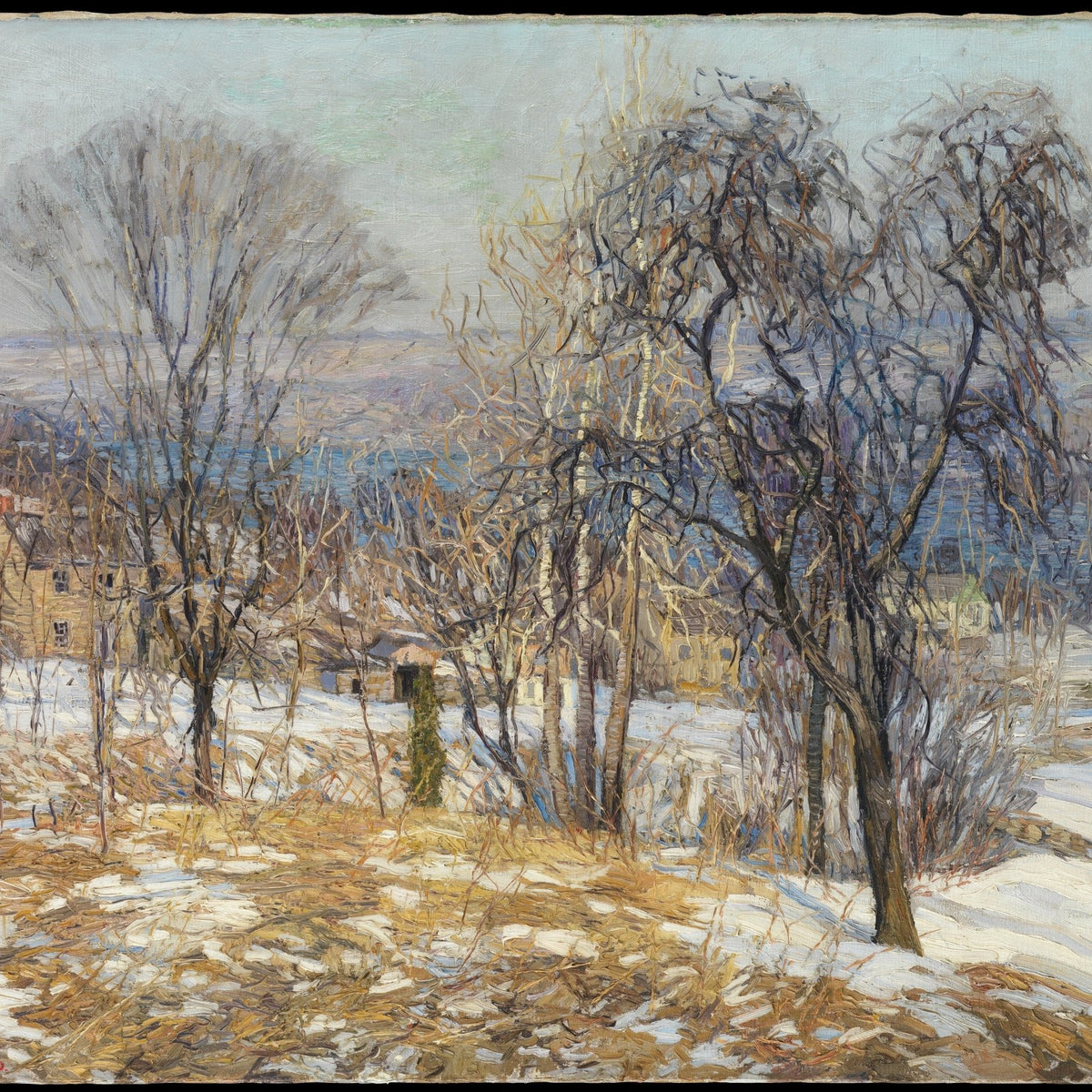 Snowy Valley with Bare Trees and Village - Landscape Oil Painting - Oil Painting Haven