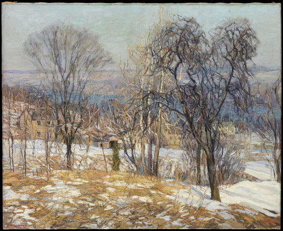 Snowy Valley with Bare Trees and Village - Landscape Oil Painting - Oil Painting Haven