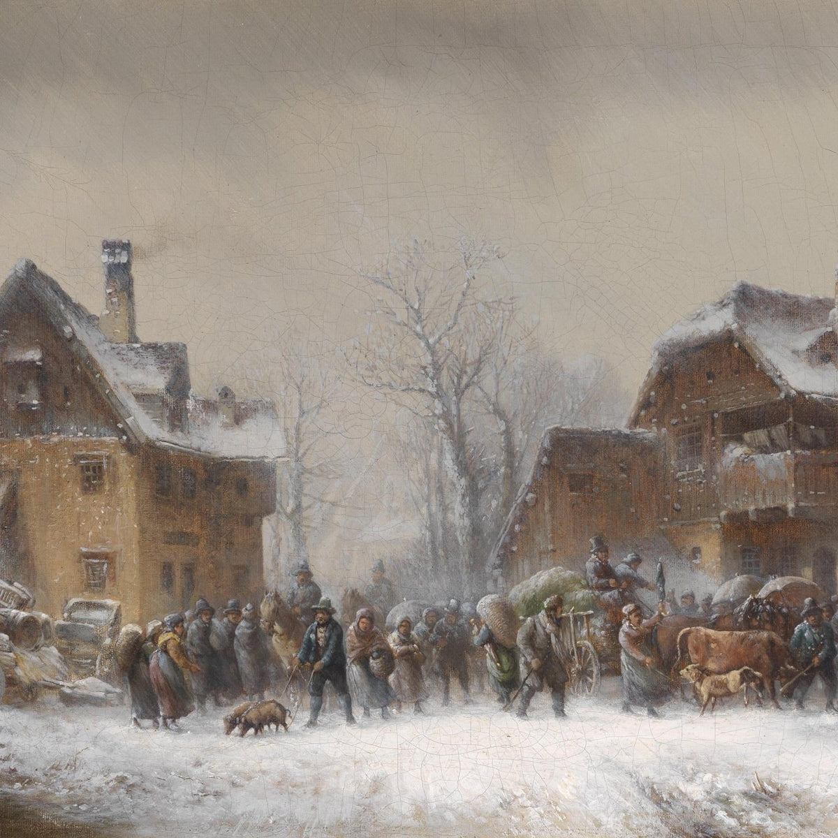 Snowy Village Market Scene with Farmers - People Oil Painting - Oil Painting Haven