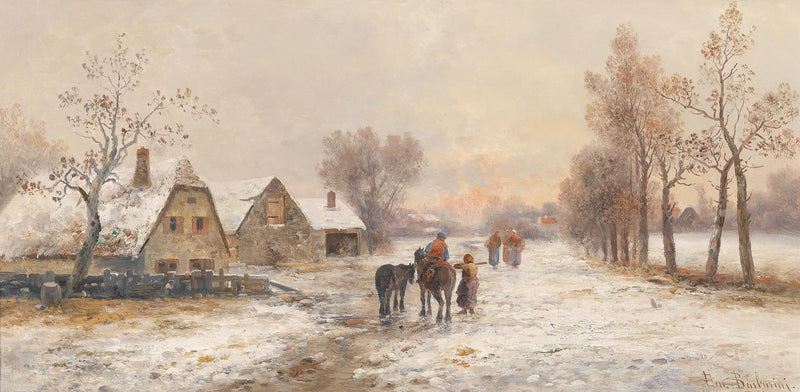 Snowy Village Road with Figures – Hand - Painted Landscape Oil Painting - Oil Painting Haven