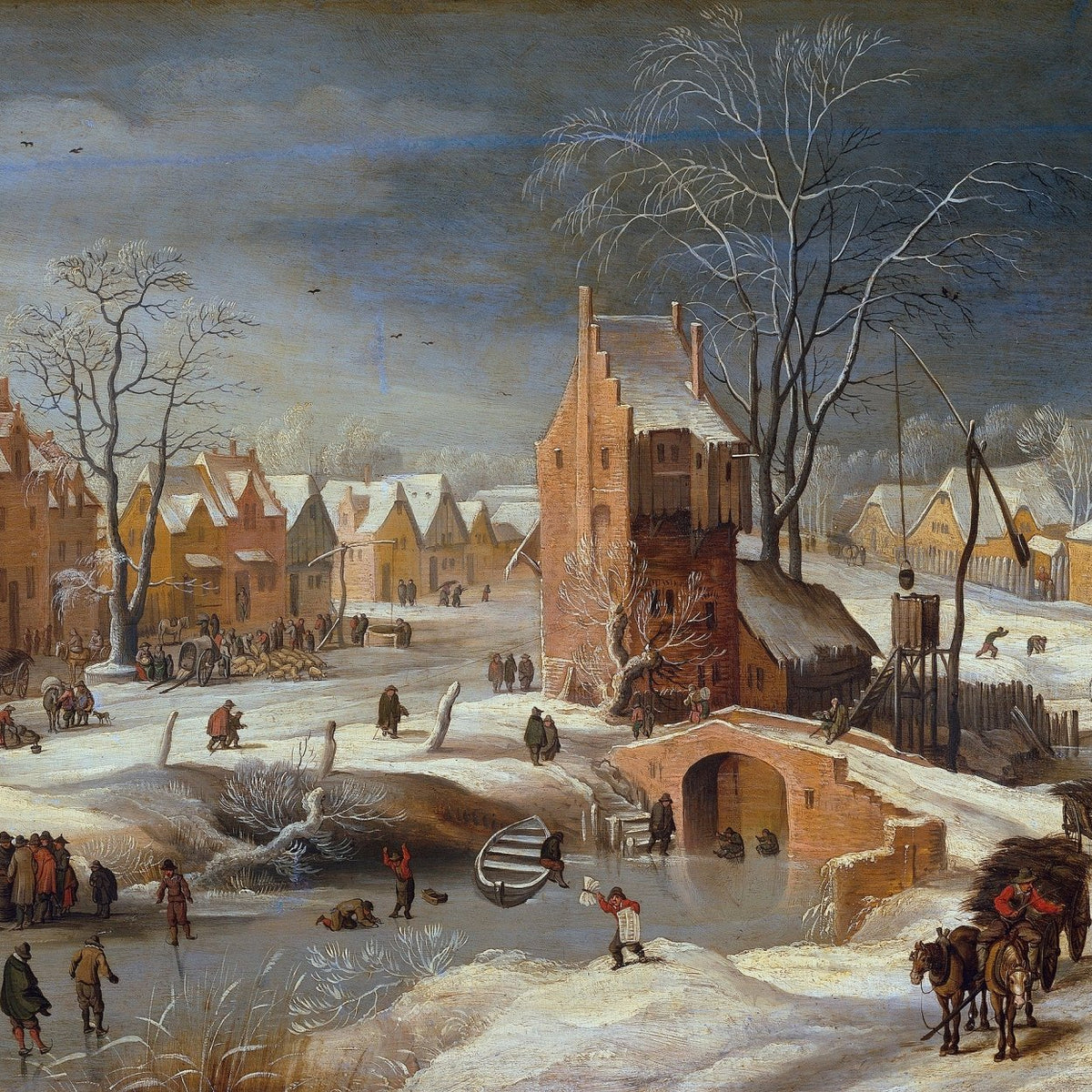 Hand-painted snowy village scene with winter skaters landscape oil painting on canvas