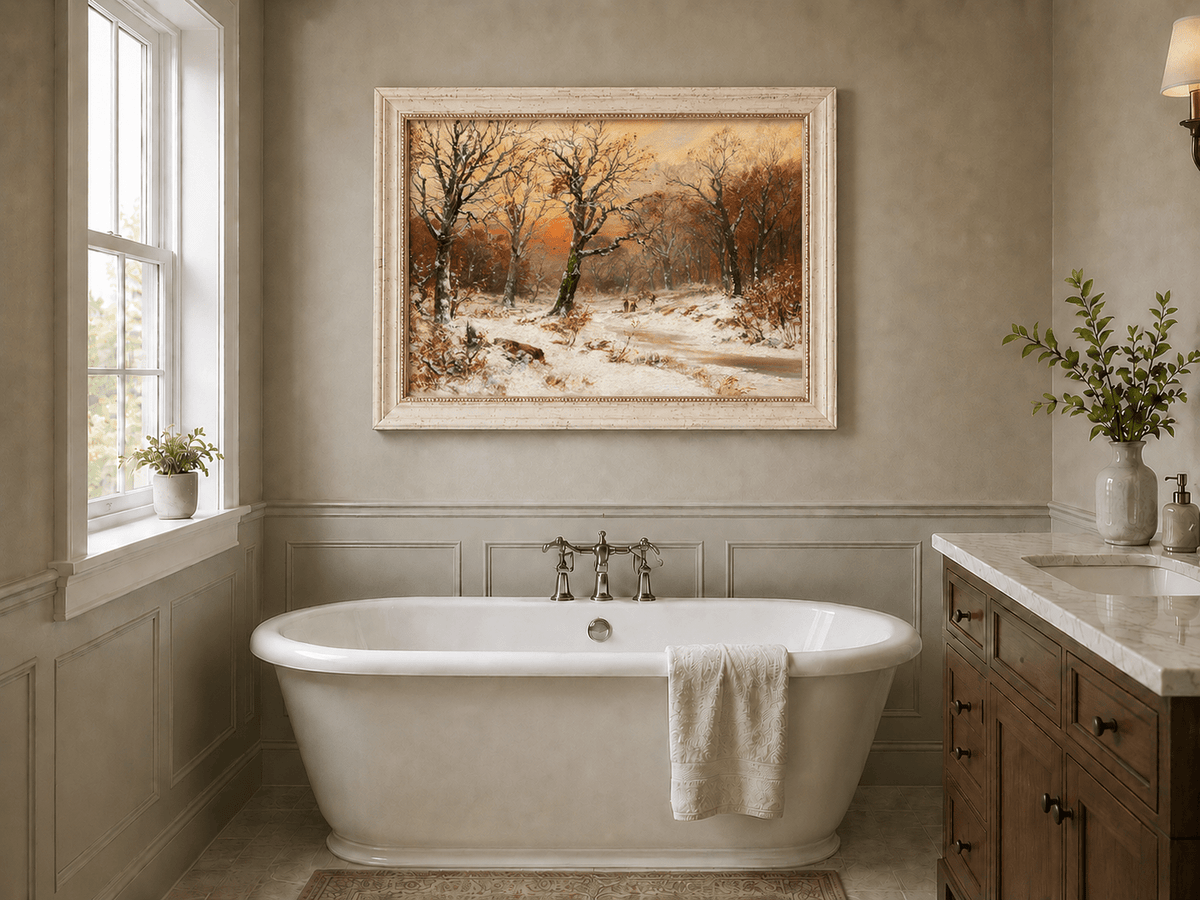 Framed hand-painted snowy woodland path oil painting beneath bare trees at sunset displayed above a freestanding bathtub.