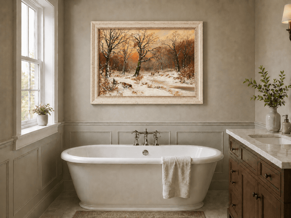 Framed hand-painted snowy woodland path oil painting beneath bare trees at sunset displayed above a freestanding bathtub.